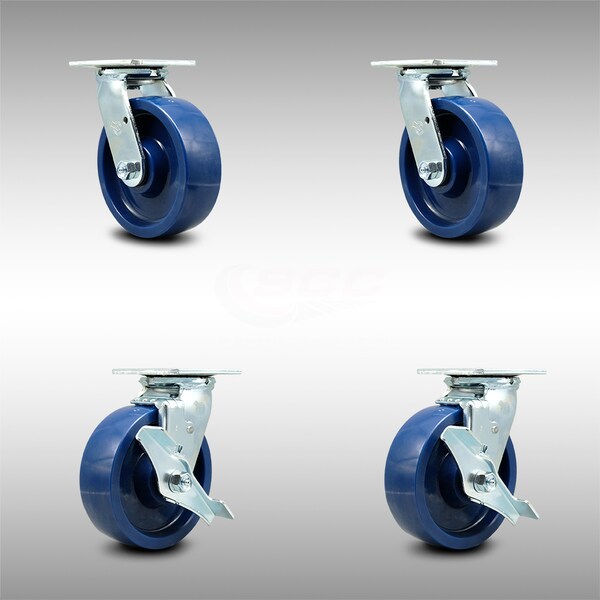 6 Inch Stainless Steel Solid Poly Swivel Caster Set with Ball Bearing 2 Brakes